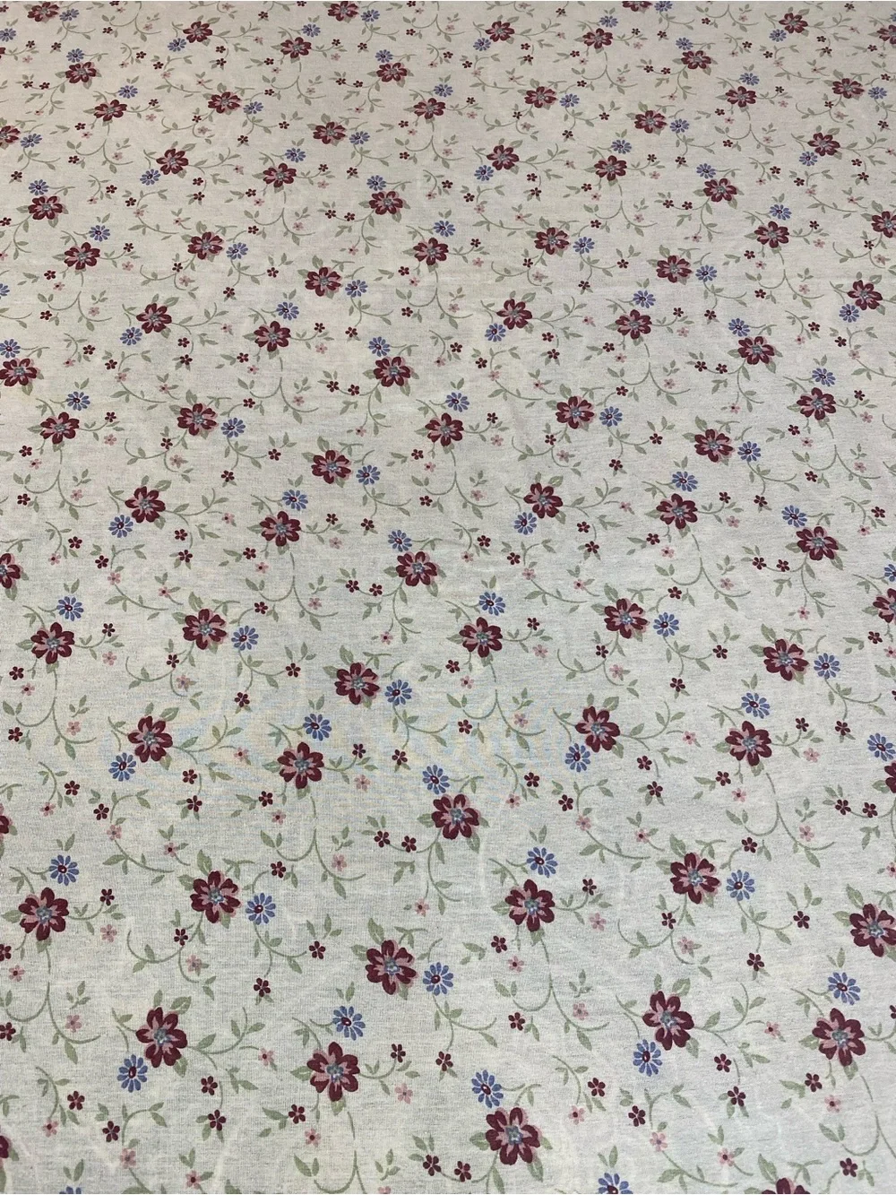 Ivory Floral Cotton Flat Sheet with Burgundy & Blue Blooms 70s Cottagecore